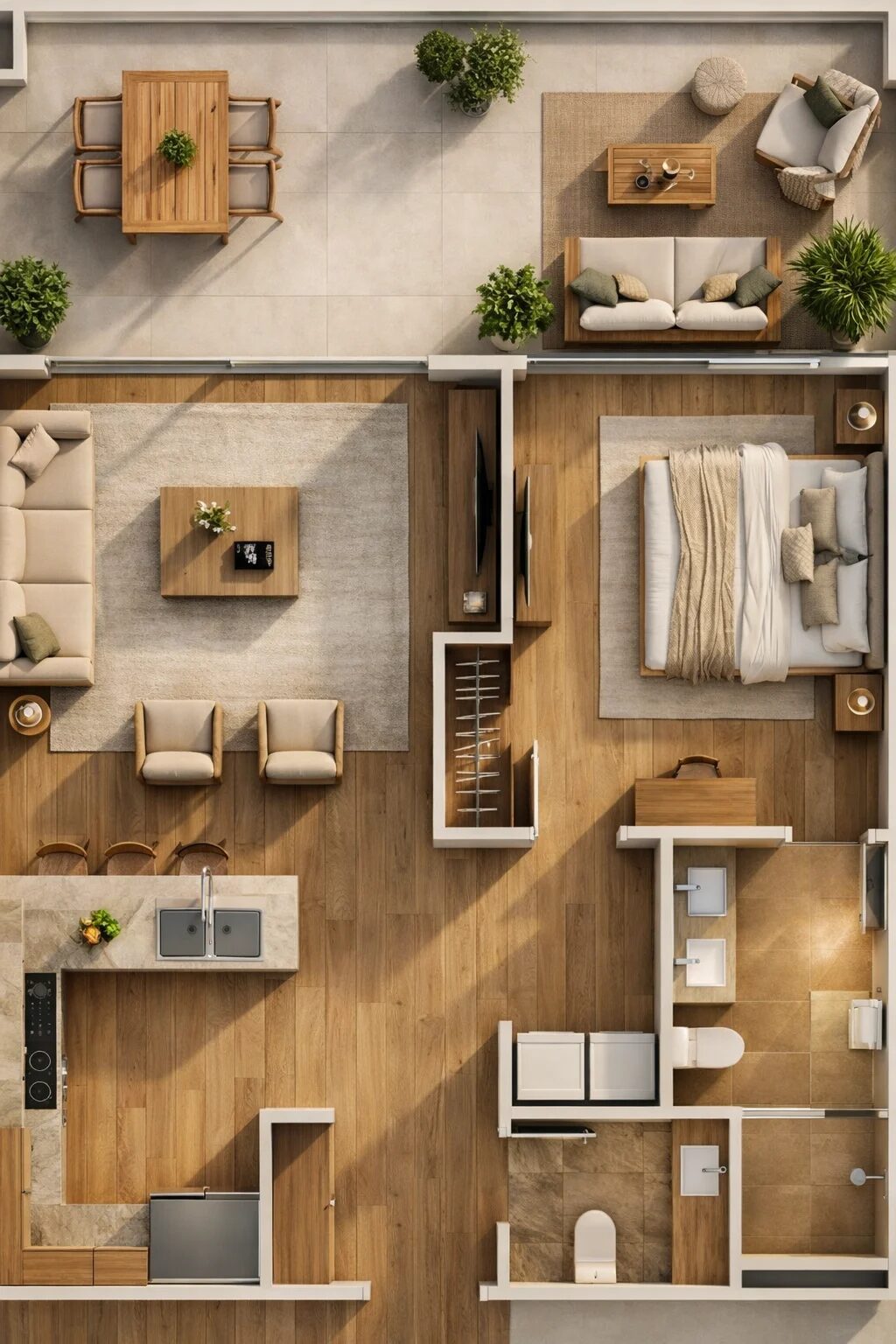 One bedroom 3D cutaway plan