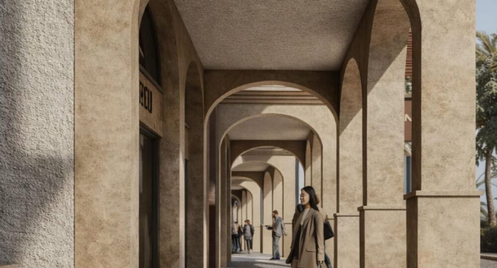 Stone arcade with pedestrian