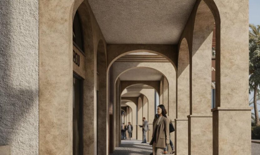 Stone arcade with pedestrian