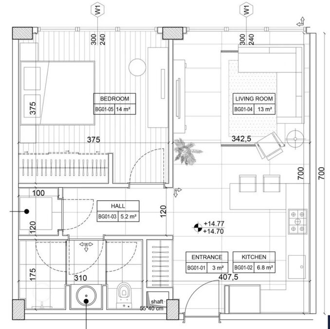 One bedroom 2D floor plan