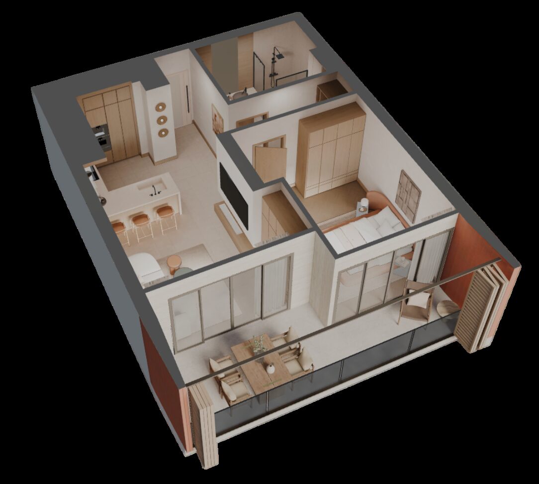 One bedroom 3D plan