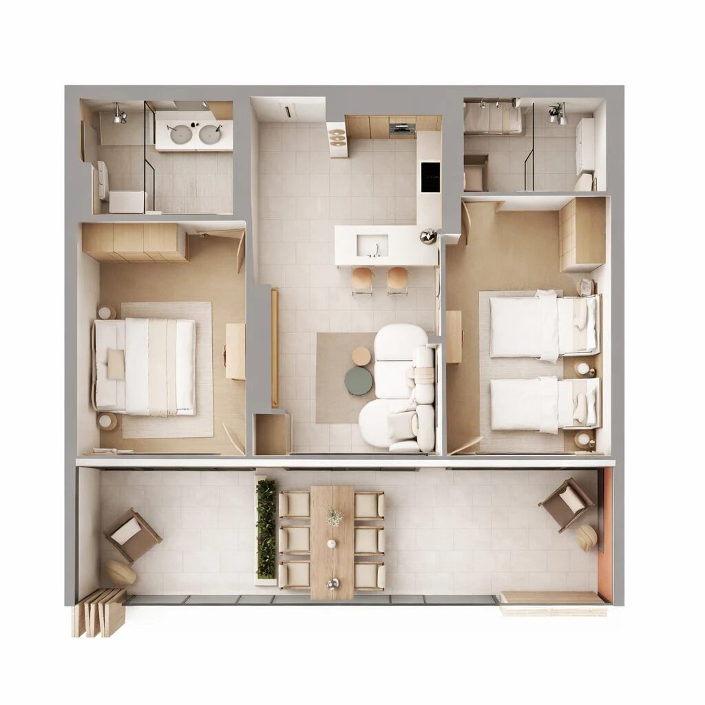 Two bedroom 3D plan