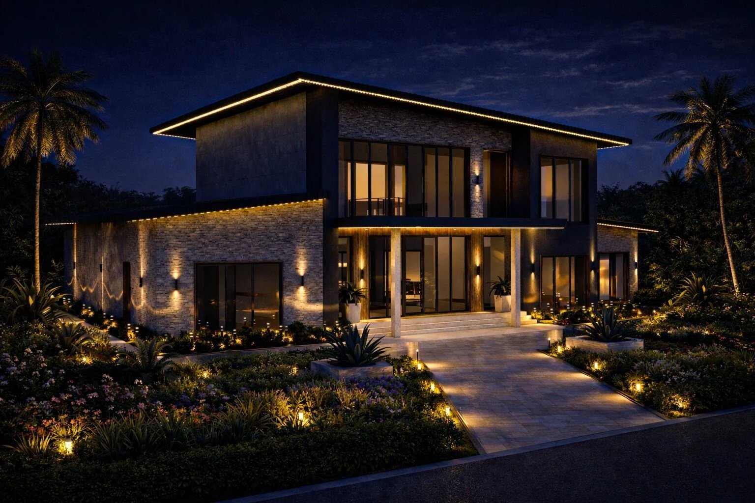 Villa entrance at night