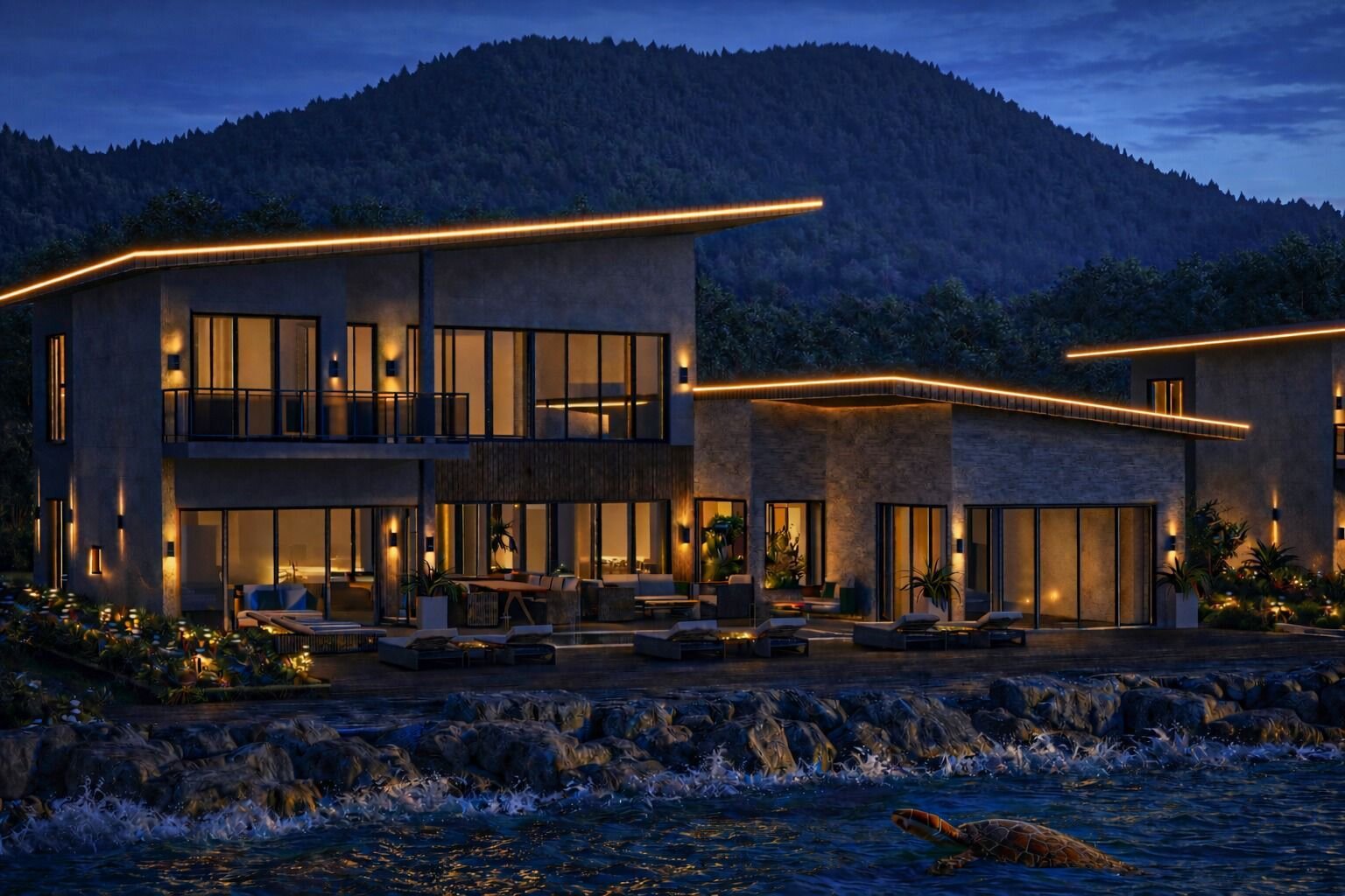 Waterfront villa at night