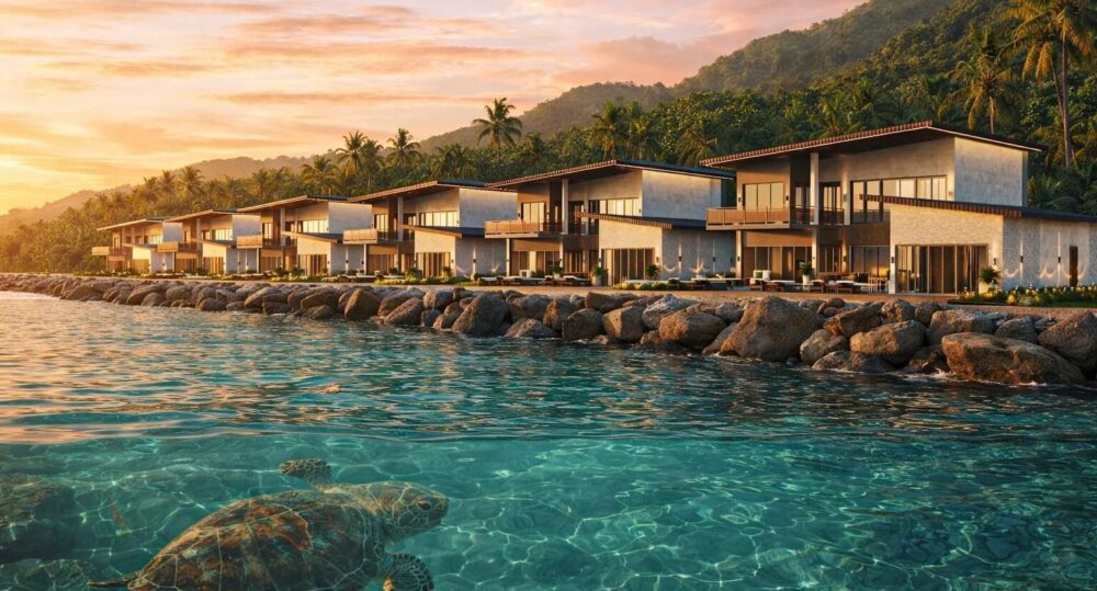 Villas over water at sunset