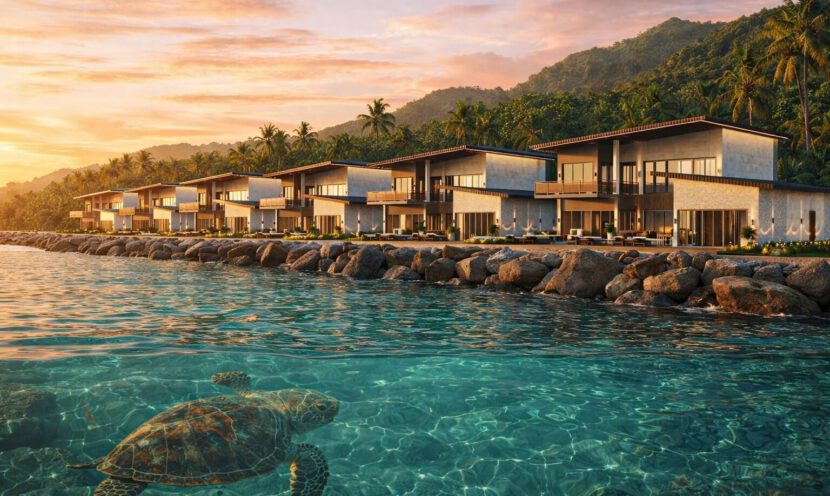 Villas over water at sunset